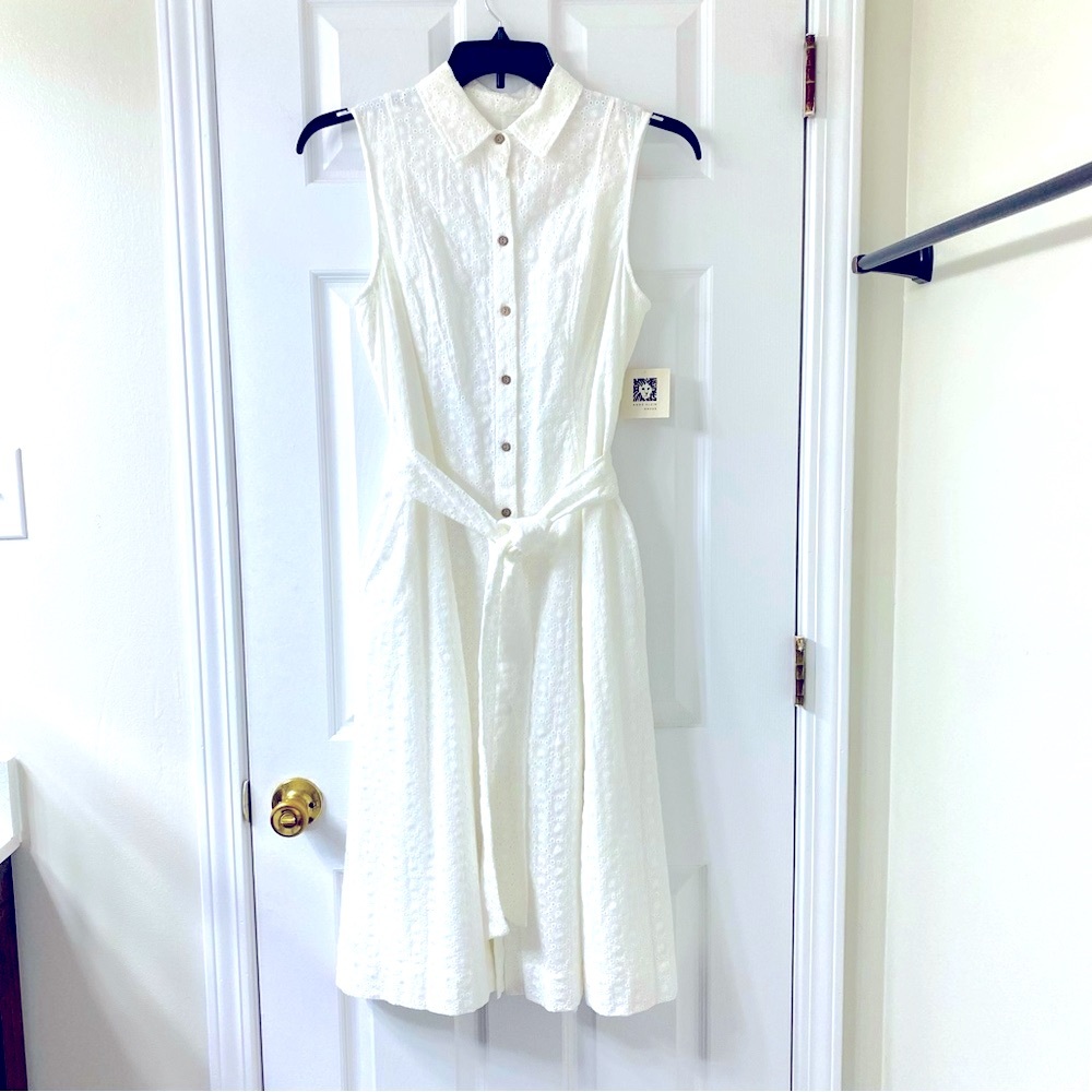 White Cotton Eyelet DIANE Midi Shirt Dress Anne Klein NWT Sz 10